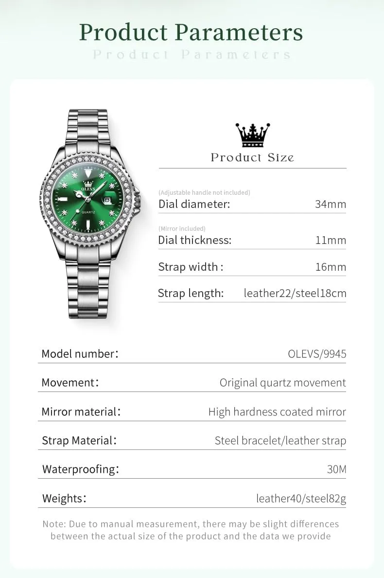 Wrist Watch Analog Dress Stainless Steel Ladies Watch Luminous Calendar Women Watch Green/Silver/Red Dial OLEVS Watches for Women Diamond with Date Luxury Leather Female seismic semiarid Waterproof Women 
