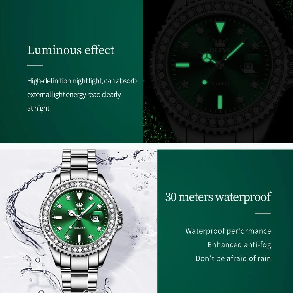 Wrist Watch Analog Dress Stainless Steel Ladies Watch Luminous Calendar Women Watch Green/Silver/Red Dial OLEVS Watches for Women Diamond with Date Luxury Leather Female seismic semiarid Waterproof Women 