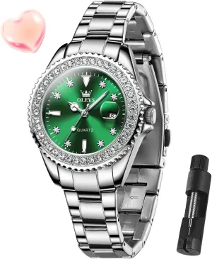 Wrist Watch Analog Dress Stainless Steel Ladies Watch Luminous Calendar Women Watch Green/Silver/Red Dial OLEVS Watches for Women Diamond with Date Luxury Leather Female seismic semiarid Waterproof Women 