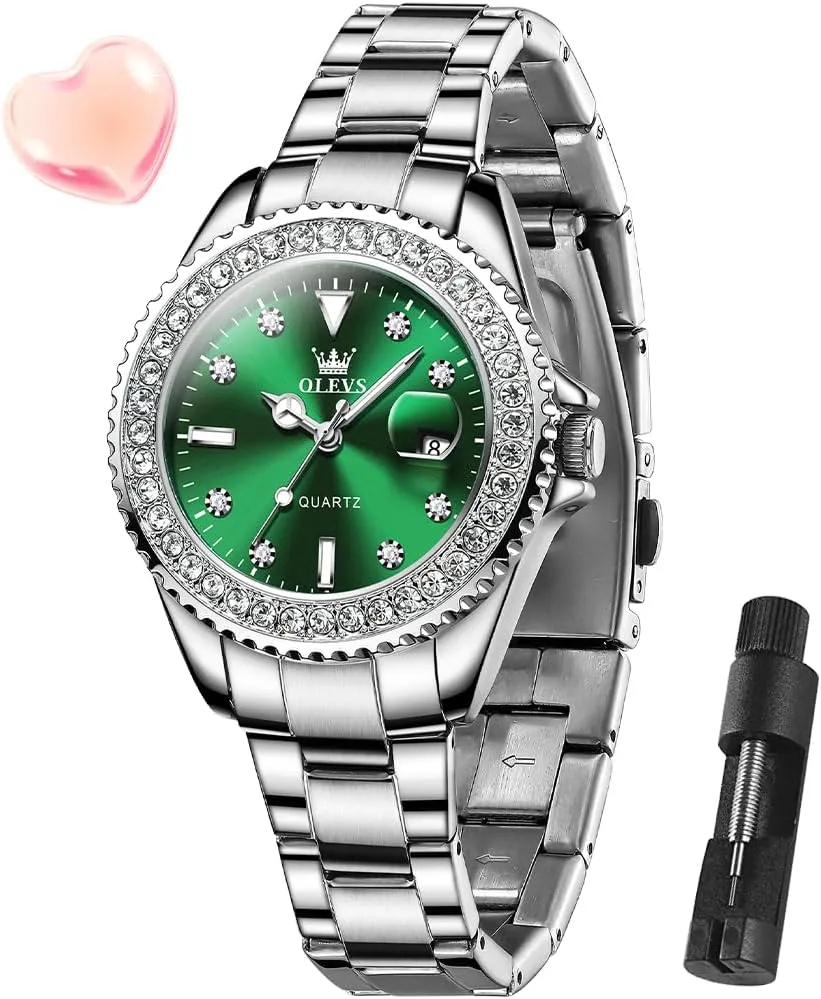 Wrist Watch Analog Dress Stainless Steel Ladies Watch Luminous Calendar Women Watch Green/Silver/Red Dial OLEVS Watches for Women Diamond with Date Luxury Leather Female seismic semiarid Waterproof Women 