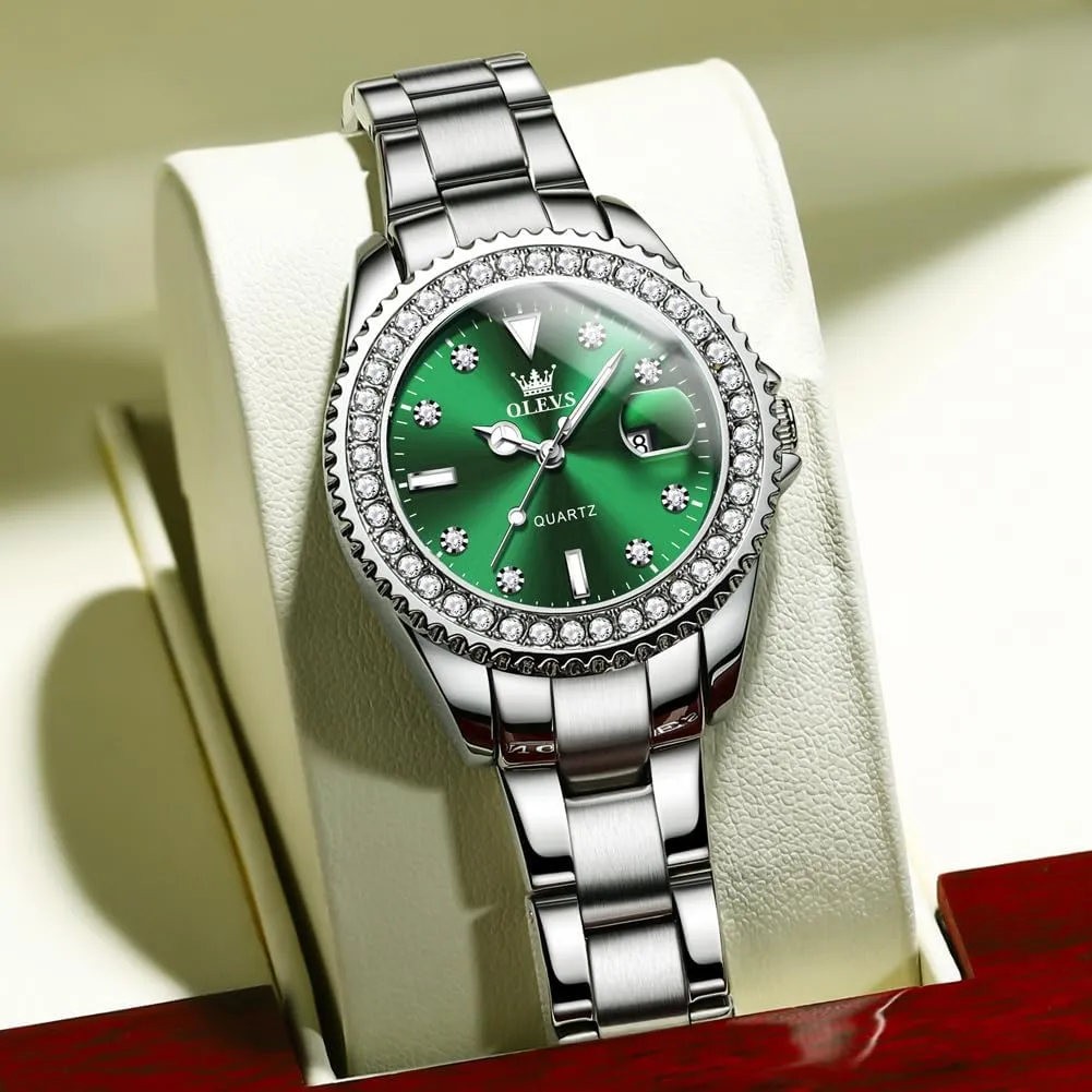 Wrist Watch Analog Dress Stainless Steel Ladies Watch Luminous Calendar Women Watch Green/Silver/Red Dial OLEVS Watches for Women Diamond with Date Luxury Leather Female seismic semiarid Waterproof Women 