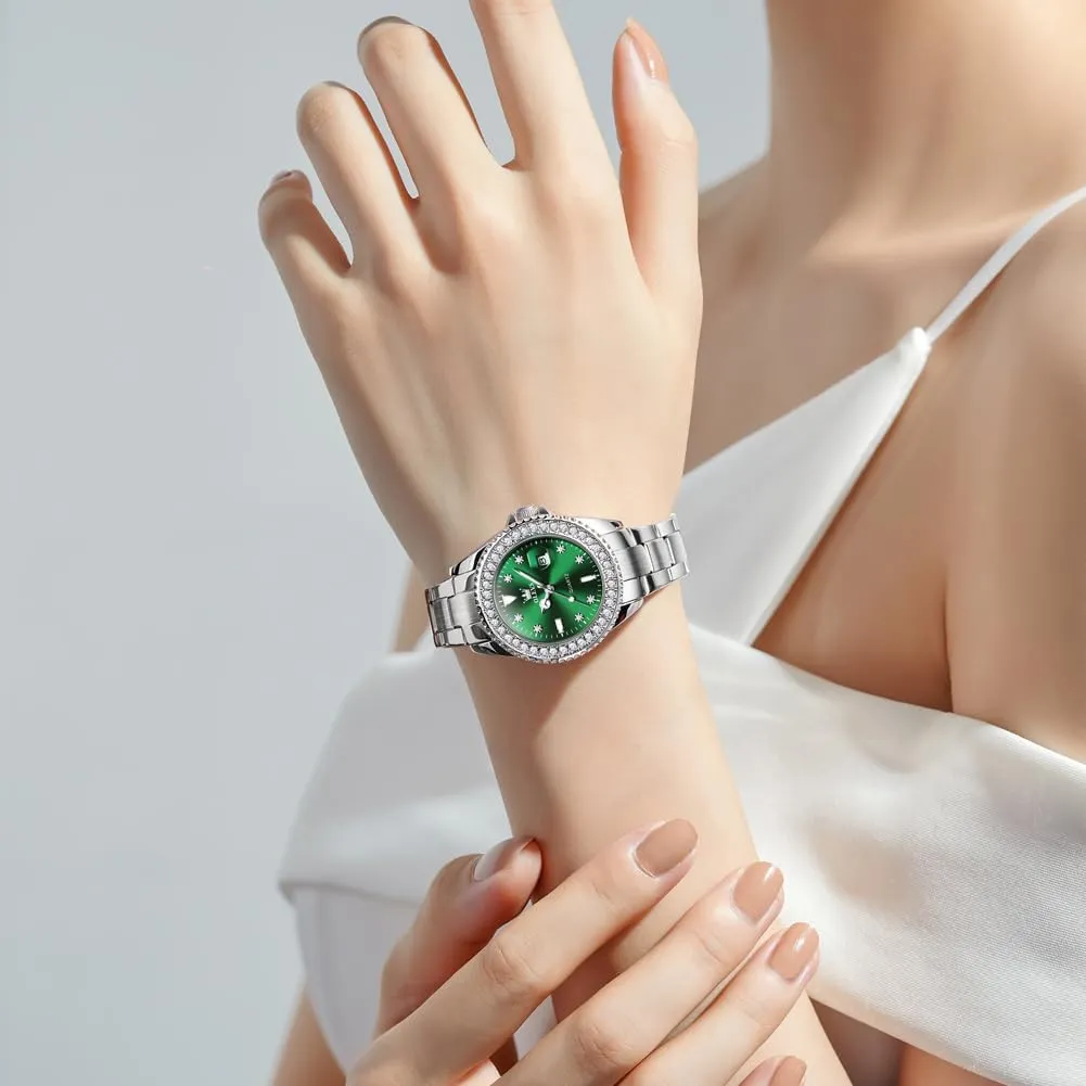 Wrist Watch Analog Dress Stainless Steel Ladies Watch Luminous Calendar Women Watch Green/Silver/Red Dial OLEVS Watches for Women Diamond with Date Luxury Leather Female seismic semiarid Waterproof Women 