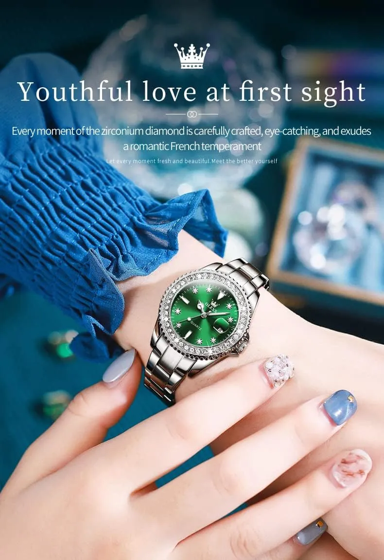 Wrist Watch Analog Dress Stainless Steel Ladies Watch Luminous Calendar Women Watch Green/Silver/Red Dial OLEVS Watches for Women Diamond with Date Luxury Leather Female seismic semiarid Waterproof Women 