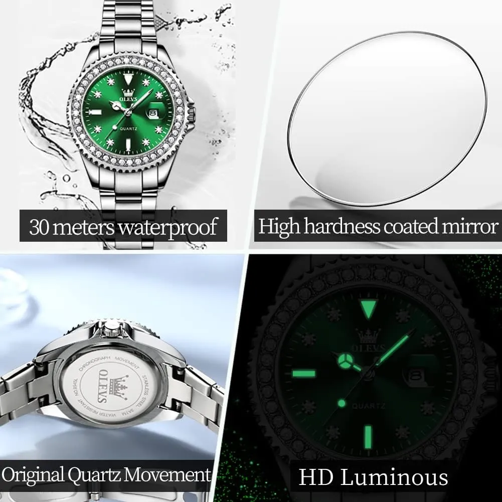 Wrist Watch Analog Dress Stainless Steel Ladies Watch Luminous Calendar Women Watch Green/Silver/Red Dial OLEVS Watches for Women Diamond with Date Luxury Leather Female seismic semiarid Waterproof Women 