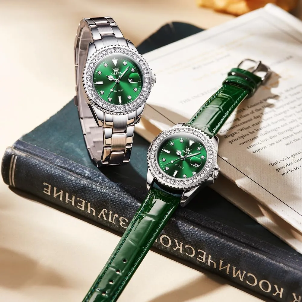 Wrist Watch Analog Dress Stainless Steel Ladies Watch Luminous Calendar Women Watch Green/Silver/Red Dial OLEVS Watches for Women Diamond with Date Luxury Leather Female seismic semiarid Waterproof Women 