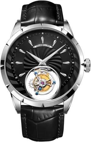 Wrist Watch Business Dress Watches kink Leather Strap (Silver Black) Aesop Men's Genuine Mechanical Hand-Wind Tourbillon Starry Sky Luminous 