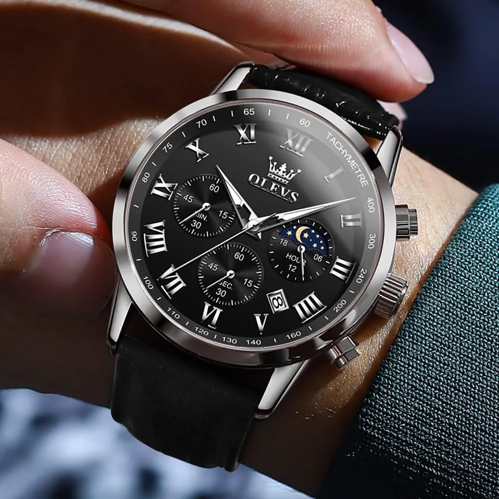 Wrist Watch Luminous academic Waterproof Moon Phase Date OLEVS Mens Watches Leather Chronograph Luxury Fashion Dress Analog Quartz 