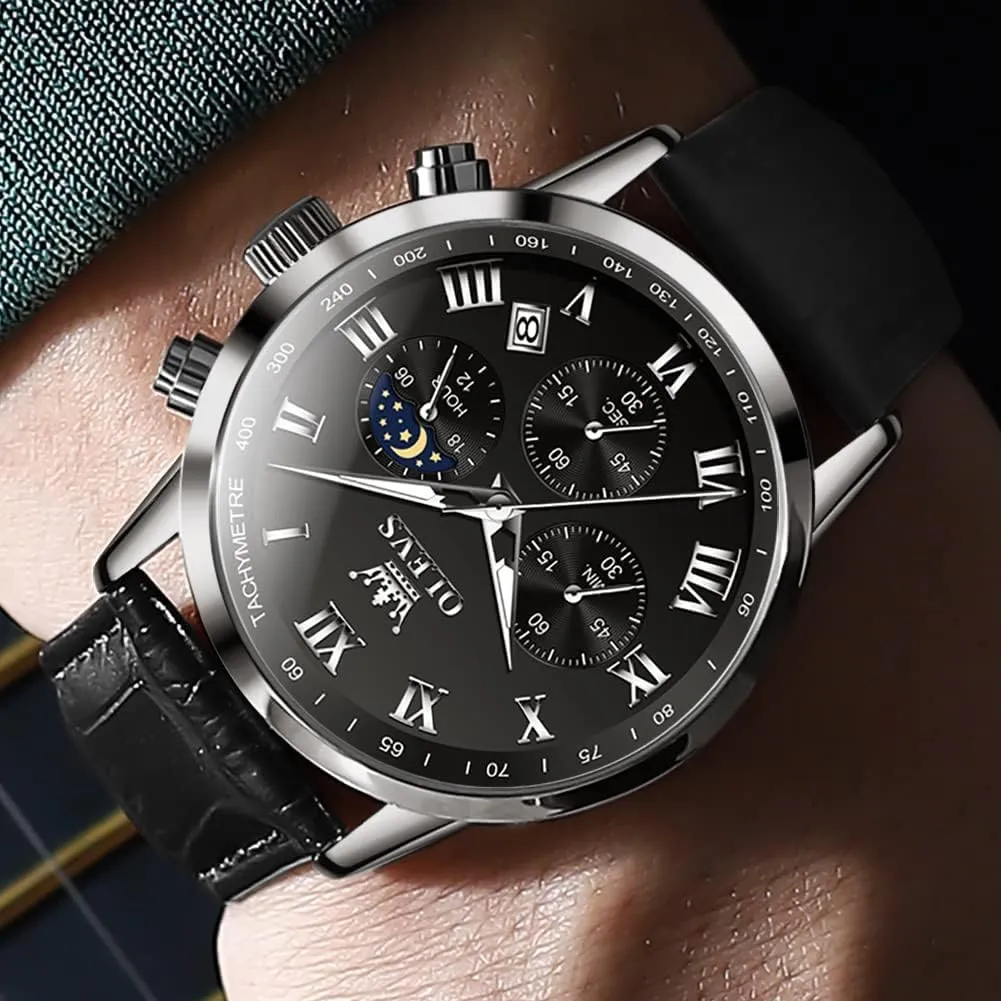 Wrist Watch Luminous academic Waterproof Moon Phase Date OLEVS Mens Watches Leather Chronograph Luxury Fashion Dress Analog Quartz 