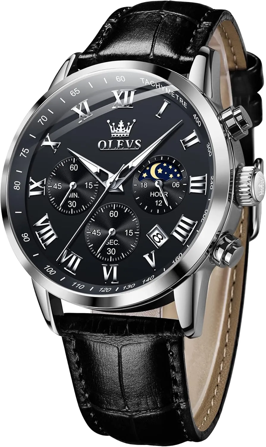 Wrist Watch Luminous academic Waterproof Moon Phase Date OLEVS Mens Watches Leather Chronograph Luxury Fashion Dress Analog Quartz 