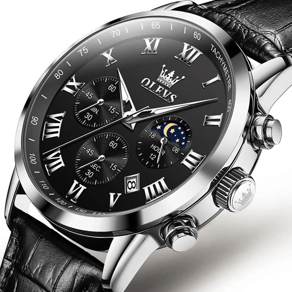 Wrist Watch Luminous academic Waterproof Moon Phase Date OLEVS Mens Watches Leather Chronograph Luxury Fashion Dress Analog Quartz 