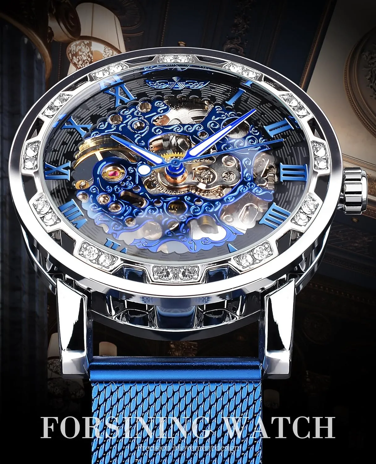 Wrist Watch Mechanical Classic Roman Number Winner Retro Manual Mechanical Skeleton Watch with Diamond and Carving Flower Craft Men youth ultraviolet Skeleton 