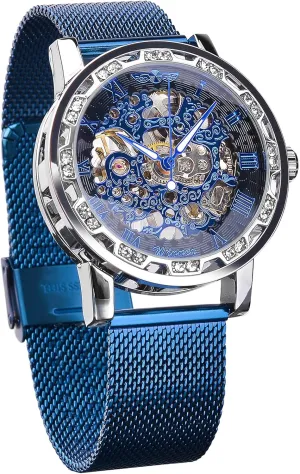 Wrist Watch Mechanical Classic Roman Number Winner Retro Manual Mechanical Skeleton Watch with Diamond and Carving Flower Craft Men youth ultraviolet Skeleton 