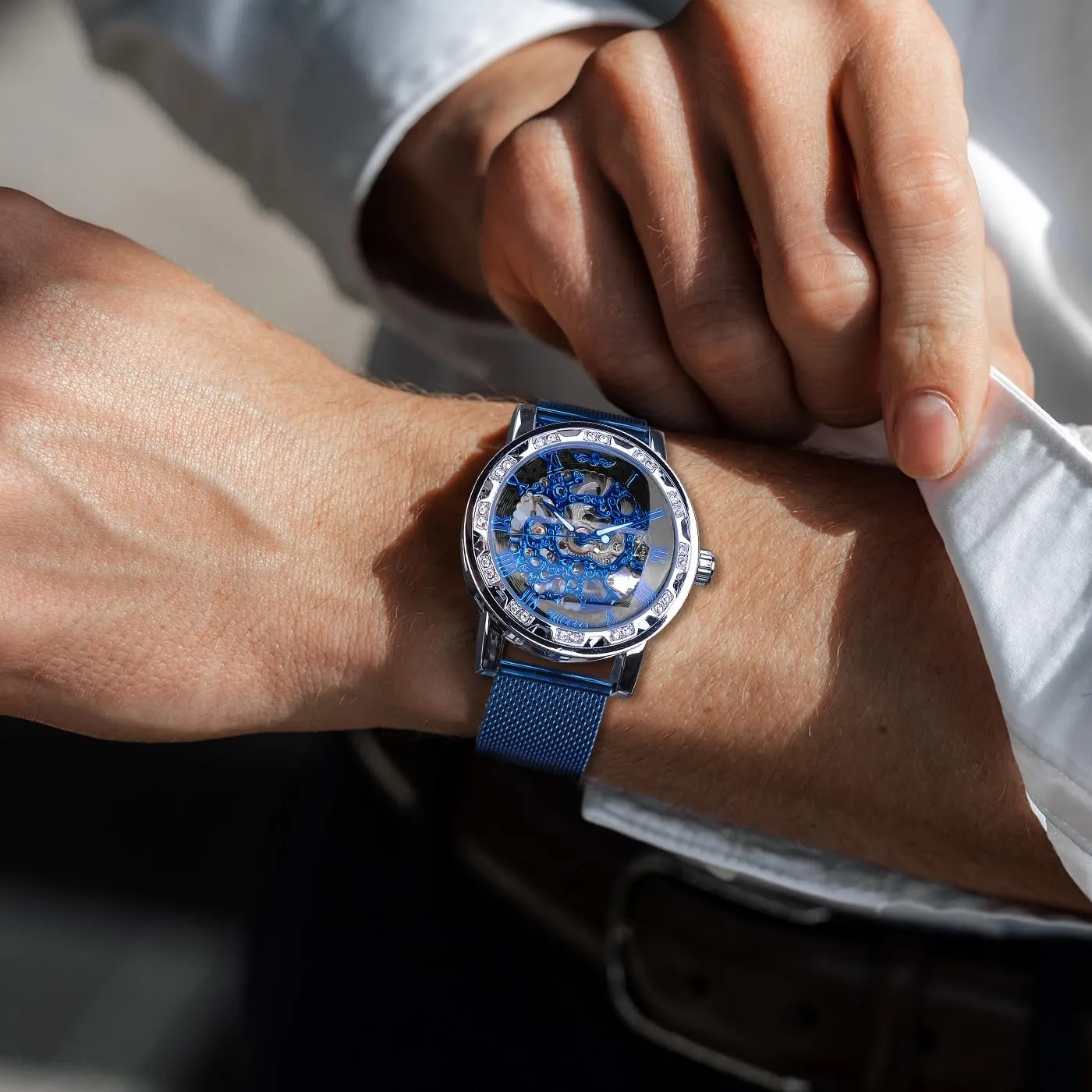 Wrist Watch Mechanical Classic Roman Number Winner Retro Manual Mechanical Skeleton Watch with Diamond and Carving Flower Craft Men youth ultraviolet Skeleton 