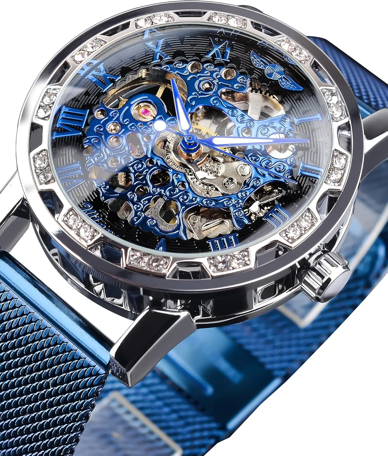 Wrist Watch Mechanical Classic Roman Number Winner Retro Manual Mechanical Skeleton Watch with Diamond and Carving Flower Craft Men youth ultraviolet Skeleton 