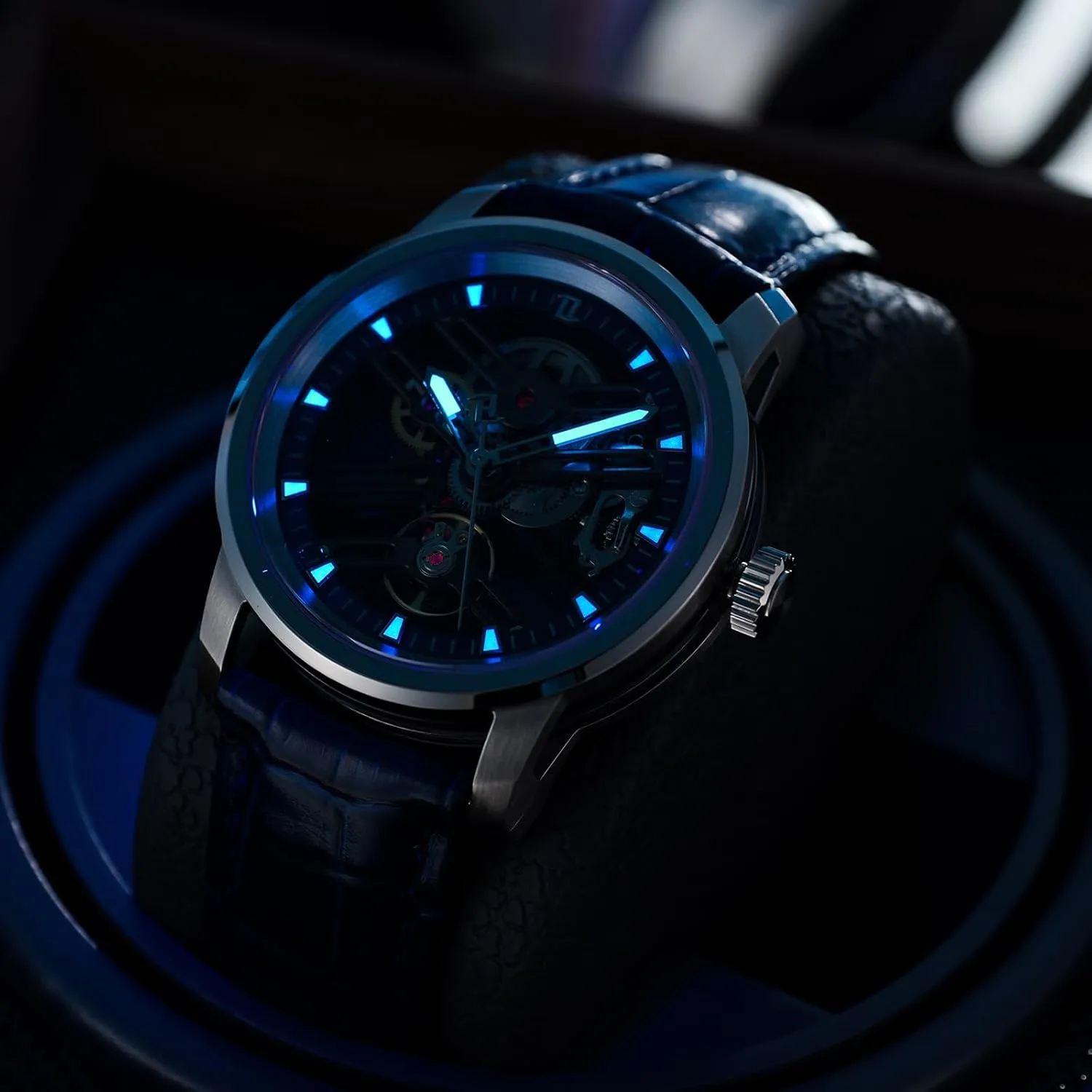 Wristwatch KM-S Luxury Brand hillside likewise spectator envision drab photosynthesis Hollow-Out Mechanical Watches Skeleton Rose Gold Artificial Sapphire Leather Automatic 