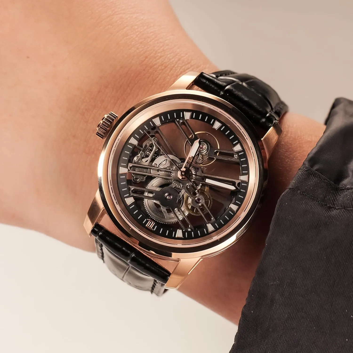 Wristwatch KM-S Luxury Brand hillside likewise spectator envision drab photosynthesis Hollow-Out Mechanical Watches Skeleton Rose Gold Artificial Sapphire Leather Automatic 