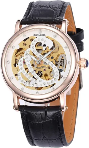 Wristwatch Leather Strap strap MASTOP Women Rhinestone Skeleton Watches Stainless Steel Steampunk Automatic Mechanical 