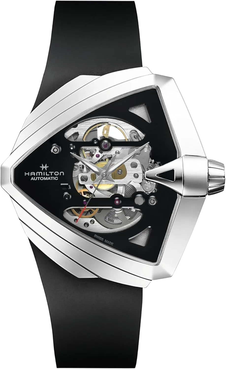 XXL Skeleton Auto | Swiss Made | 45.5mm x 46mm Stainless metallurgy Steel Case | Black Dial Analog Watch | Black Rubber Strap (Model: H24625330) Hamilton Watch Ventura 