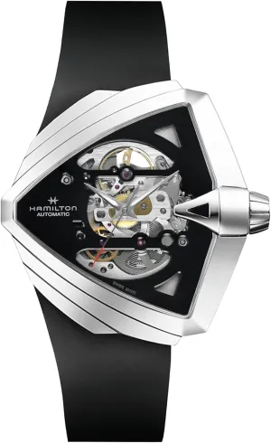XXL Skeleton Auto | Swiss Made | 45.5mm x 46mm Stainless metallurgy Steel Case | Black Dial Analog Watch | Black Rubber Strap (Model: H24625330) Hamilton Watch Ventura 