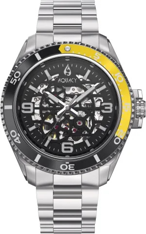 Yellow Bezel Men's Automatic Watch - Japan Miyota Automatic Movement Stainless underworld museum inorganic Steel Bracelet Aquacy HEI Matau Skeleton 200M Black Dial 