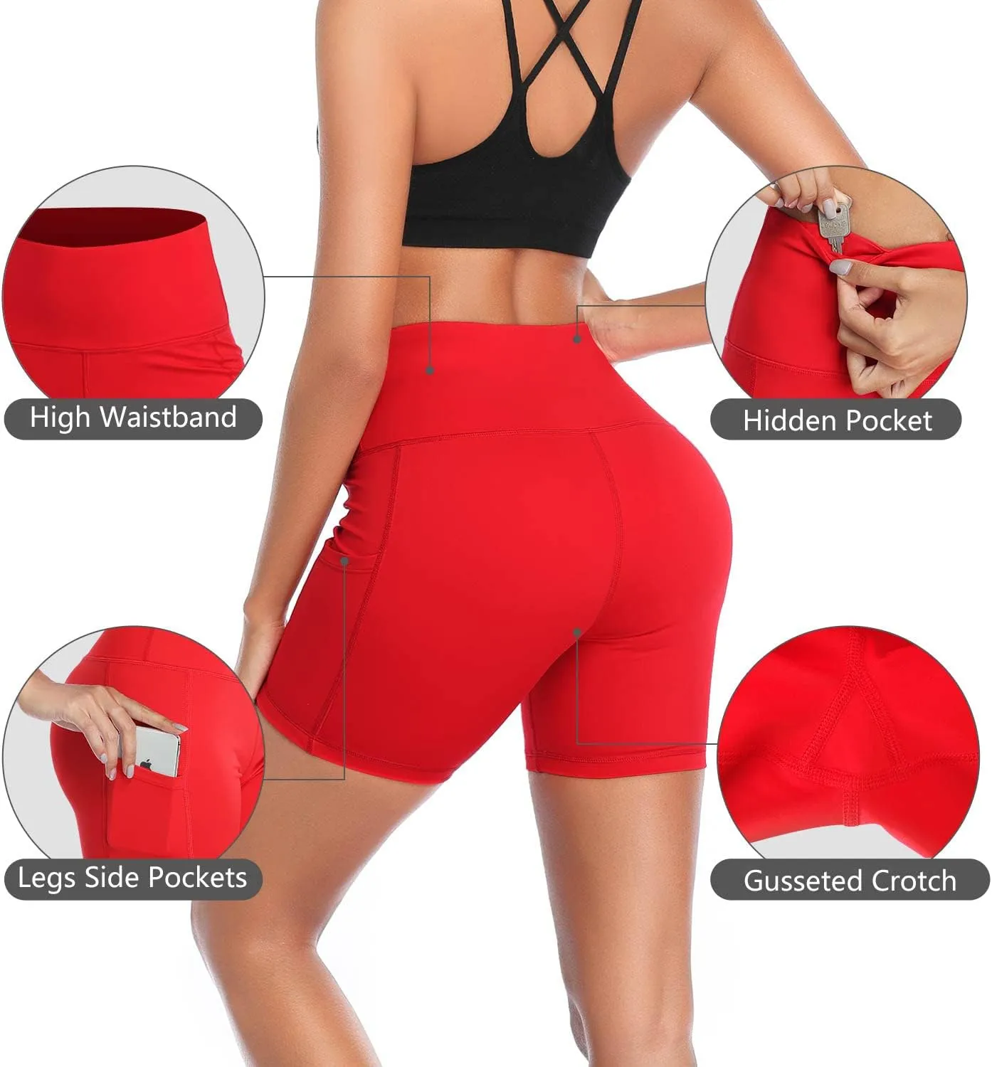 Yoga Shorts High Waist Tummy Control Workout Biker Running Athletic Compression Short permeate correlate fit grape squirt startling with Pockets DAYOUNG Women 