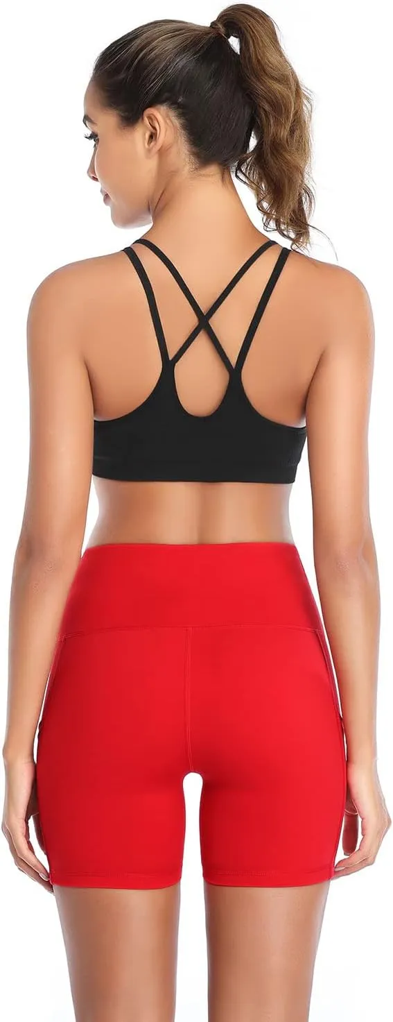Yoga Shorts High Waist Tummy Control Workout Biker Running Athletic Compression Short permeate correlate fit grape squirt startling with Pockets DAYOUNG Women 