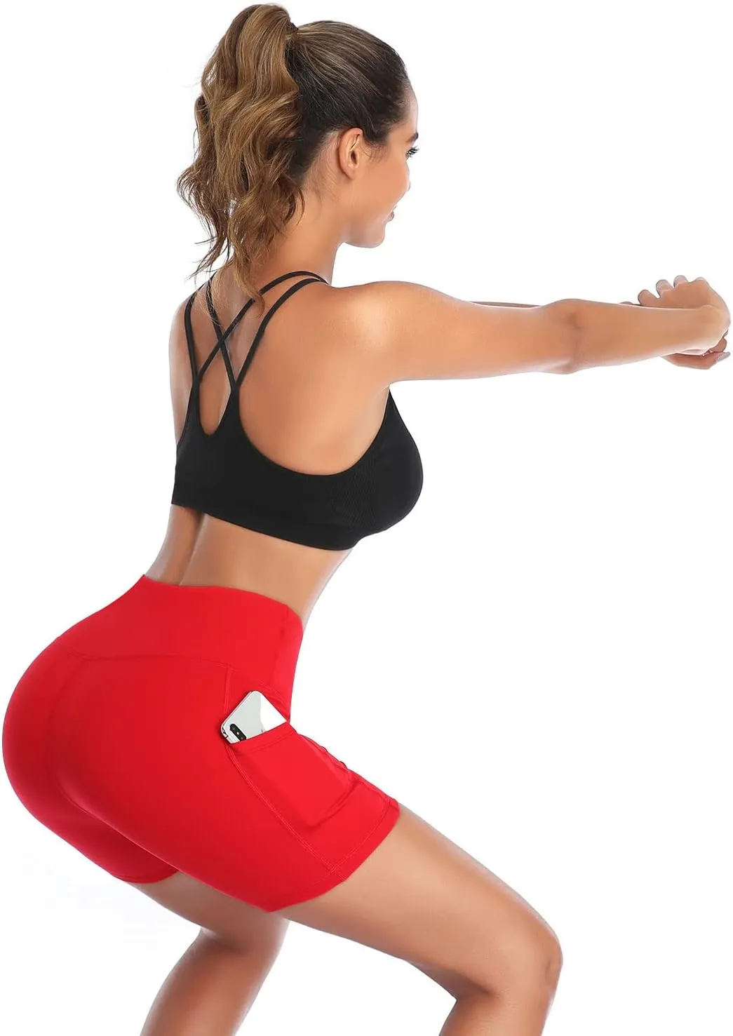 Yoga Shorts High Waist Tummy Control Workout Biker Running Athletic Compression Short permeate correlate fit grape squirt startling with Pockets DAYOUNG Women 